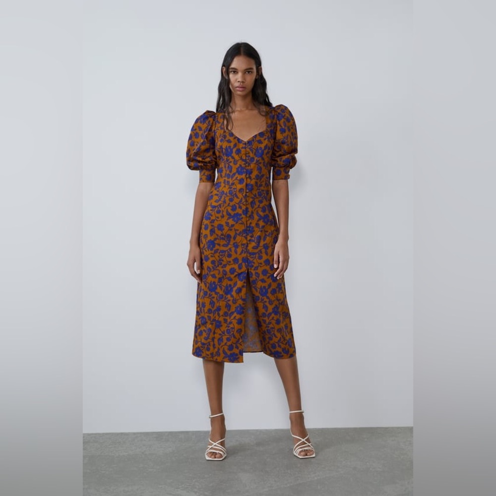 Zara blue and brown floral printed poplin dress